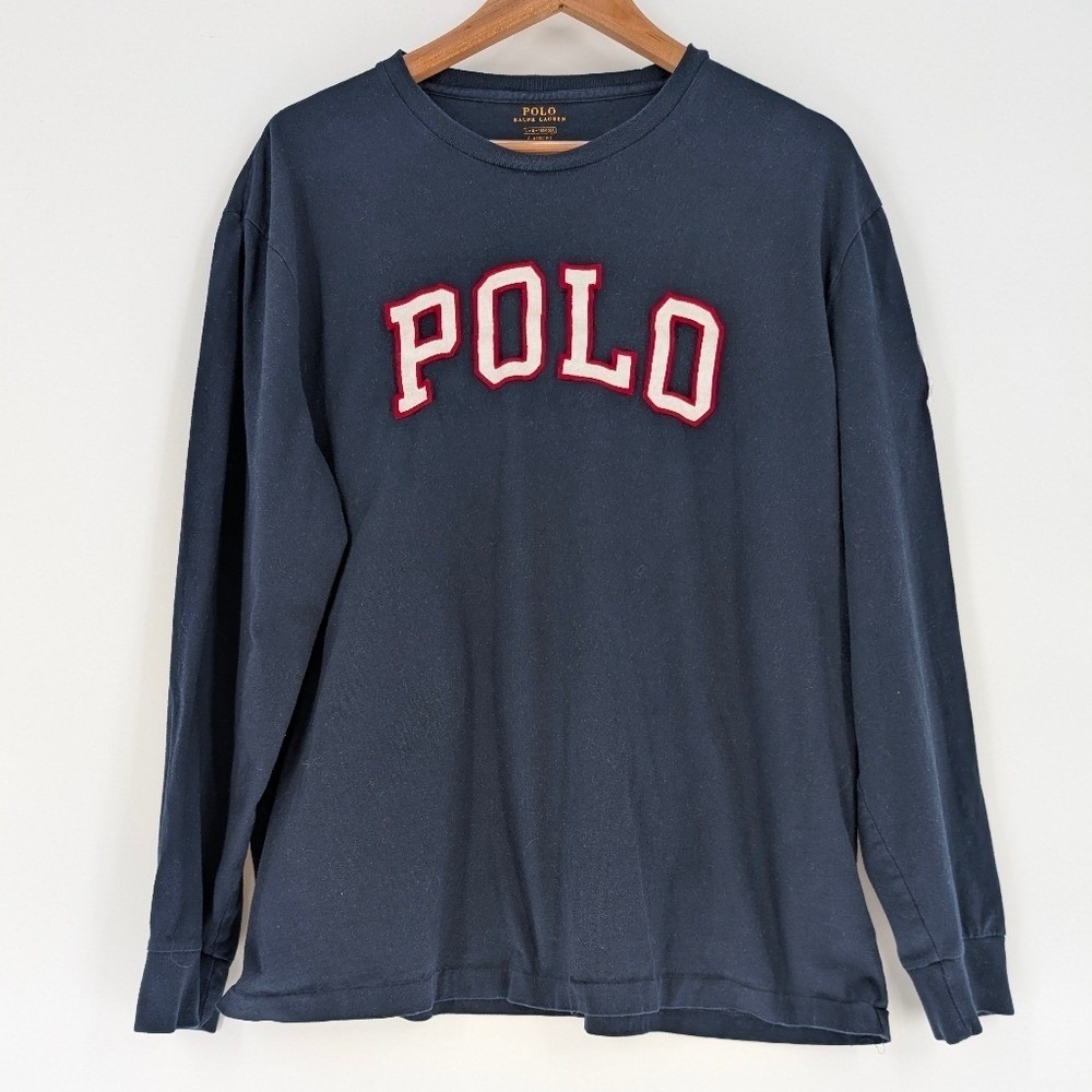 Polo Ralph Lauren Mens Navy Blue Long Sleeve‎ USA Flag Graphic T-Shirt Large L